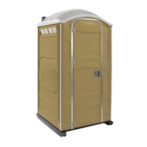 Standard gray and blue portable toilet with vent stack and secure door, standing on a construction site.