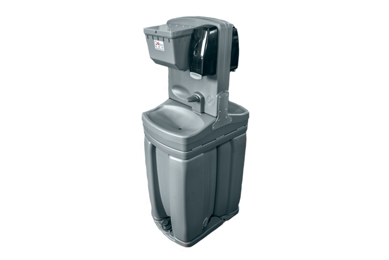 Gray dual-station portable sink with foot pumps, soap dispensers, and paper towel holders, ideal for job sites.