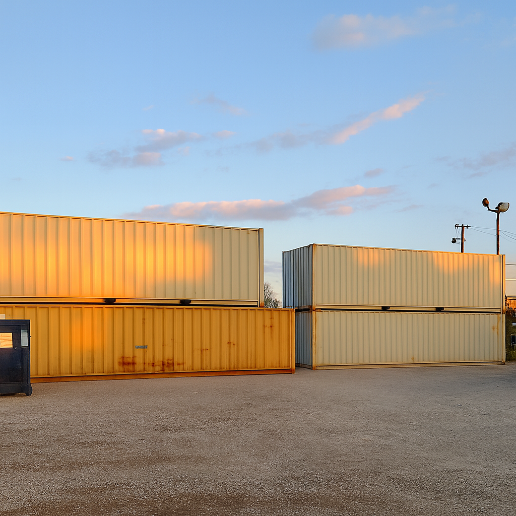Steel storage container beside a commercial building for temporary on-site storage rental.