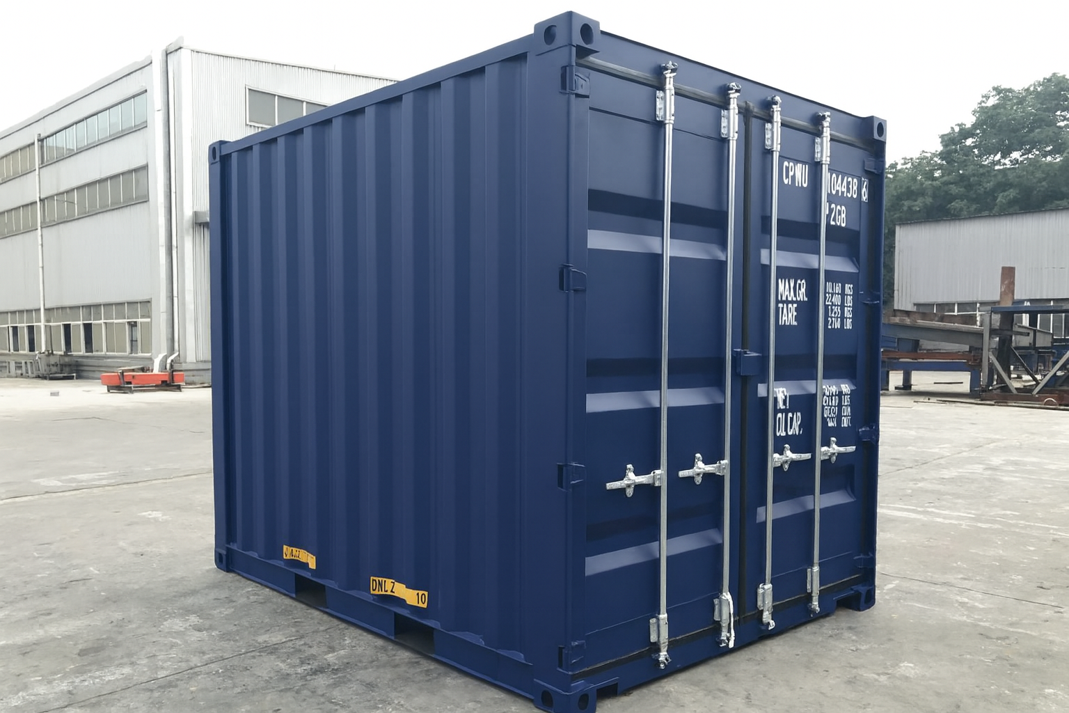 10-foot blue shipping container viewed from the front with closed double doors and metal locking bars, standing on a concrete surface.
