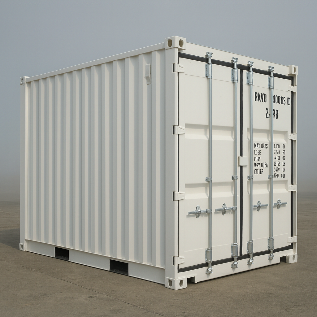Steel portable storage container on a gravel lot available for short-term rental.
