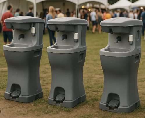 Gray dual-station portable sink with foot pumps, soap dispensers, and paper towel holders, ideal for job sites.