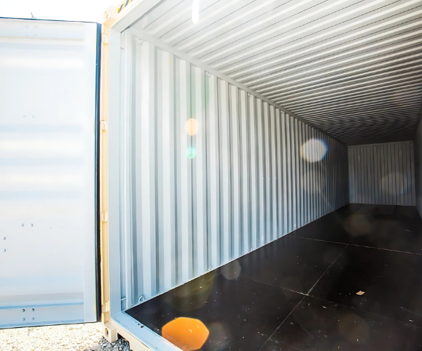 Storage container rental graphic—steel portable shipping container on neutral background.