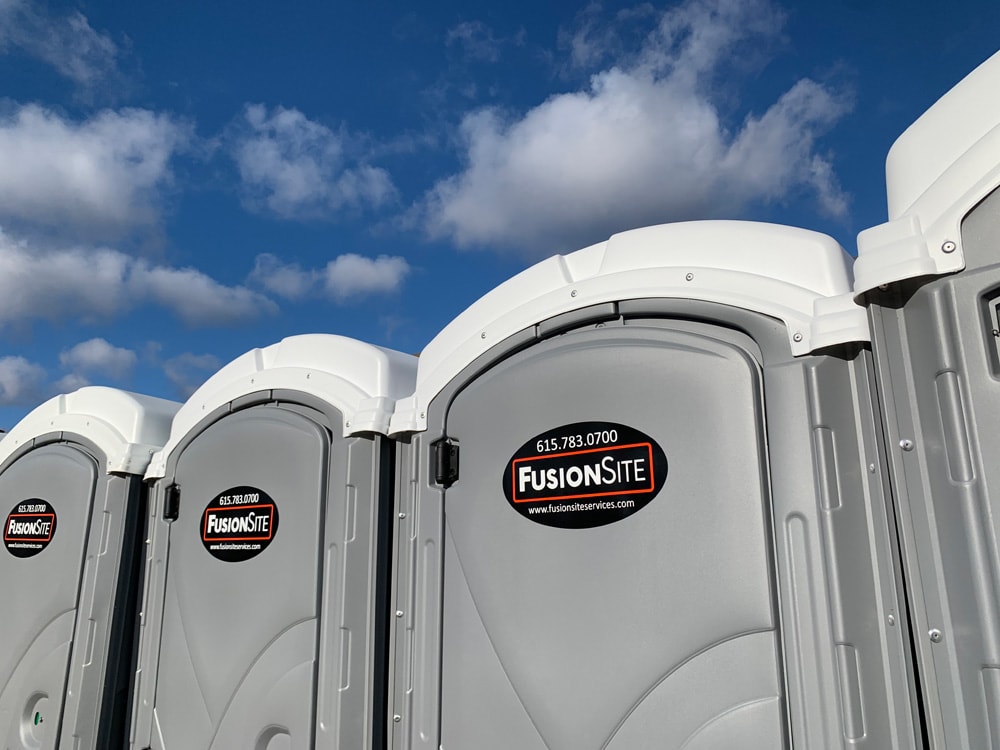 Branded portable toilet with city skyline backdrop—clean, event-ready unit.
