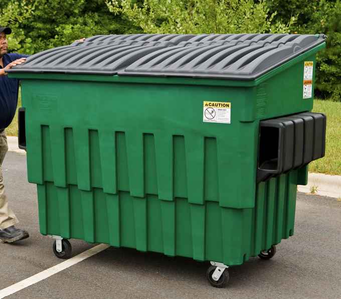 Illustrated front-load dumpster options with lid styles and enclosure guidelines.